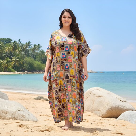 Gypsie Blu Multicolor Geometric Printed Caftan Beach Cover Up Dresses for Women - Picture 1 of 10